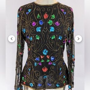 Stenay Sequin Beaded Embellished Colorful Swirly Long Sleeve Blouse